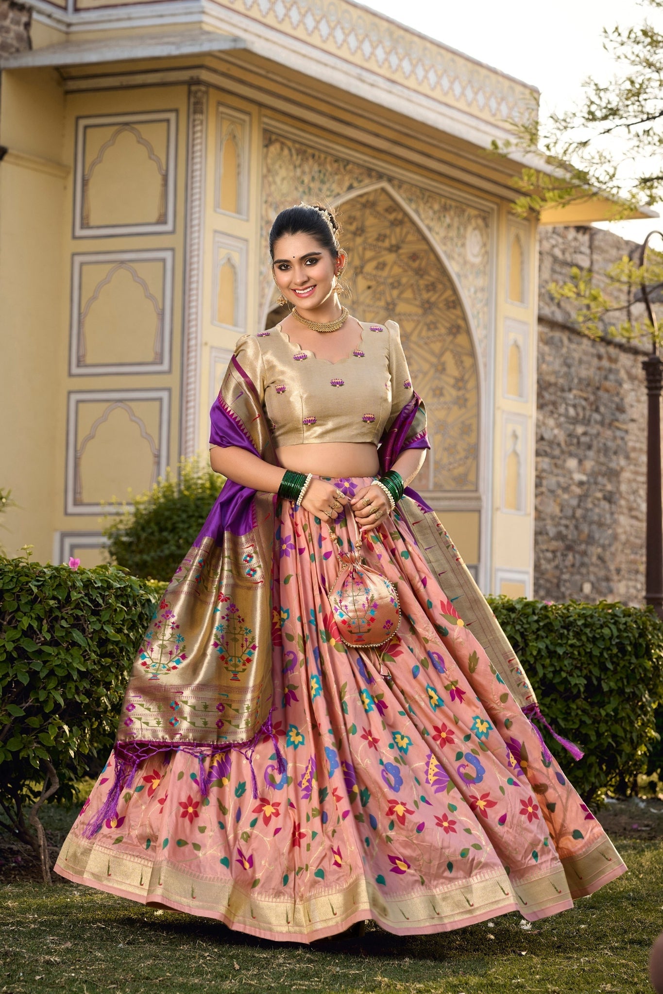 Jacquard Silk Peach Paithani Lehenga Choli