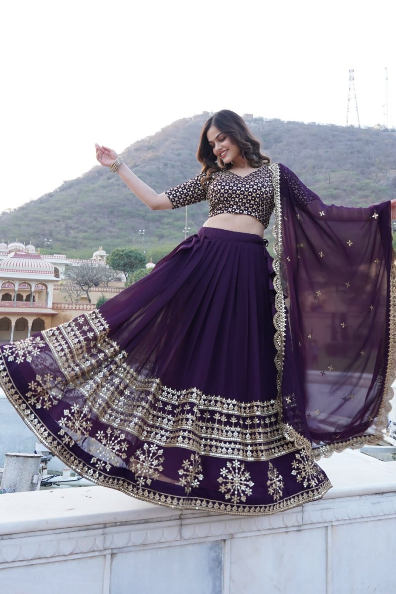 Georgette Flared Sequins And Embroidered Lehenga Choli