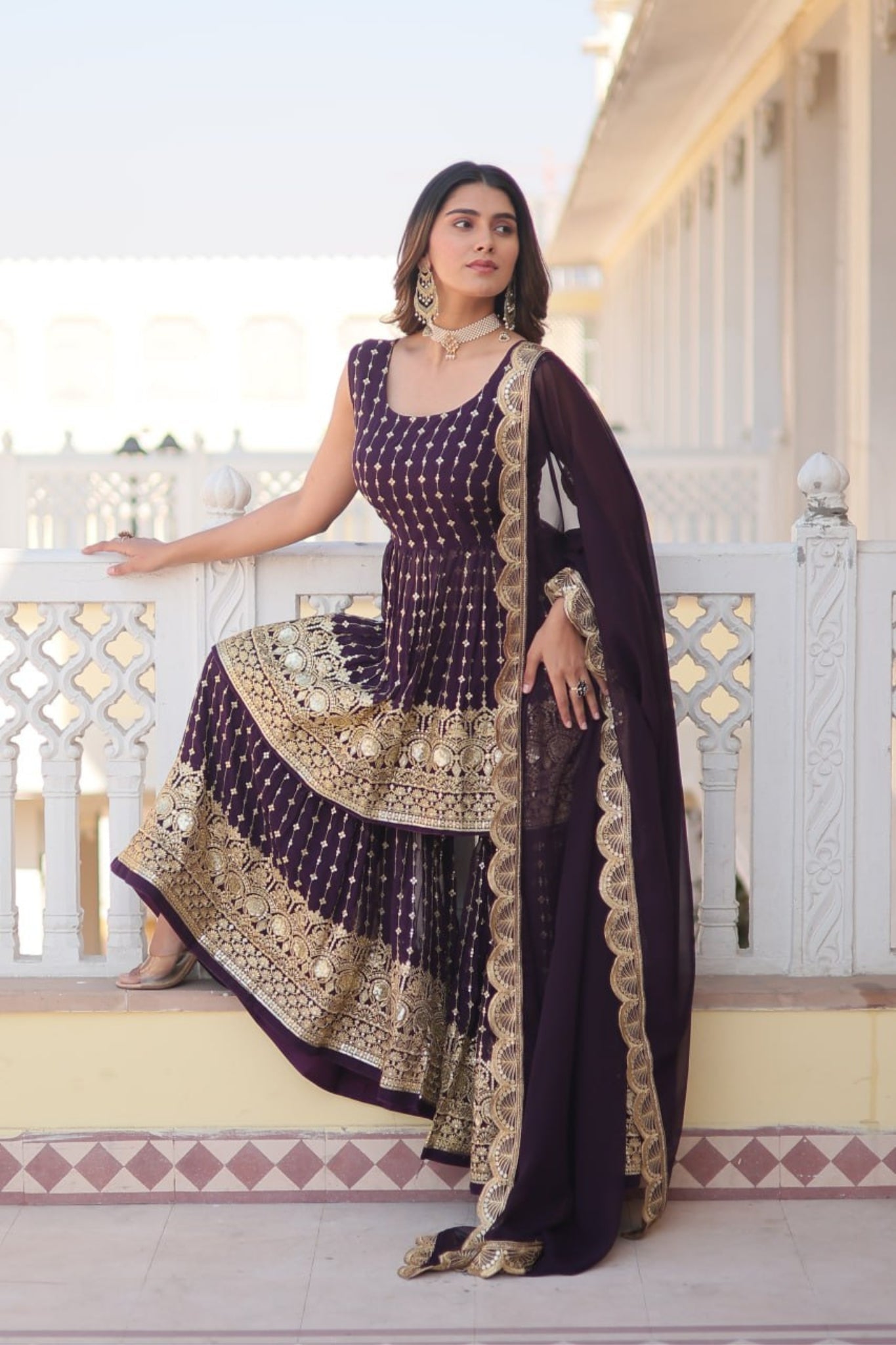 Elevate Stylish Premium Designer Kurti-Gharara With Dupatta Set