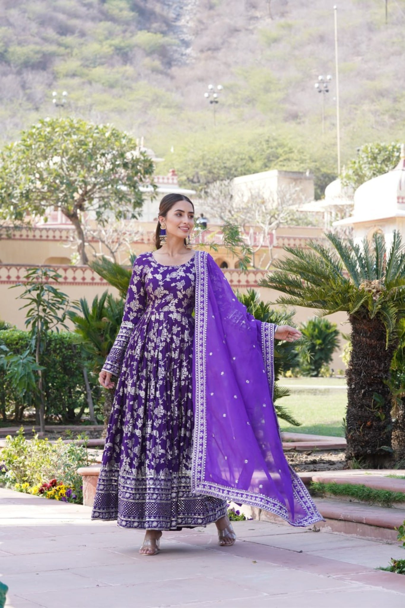 Sequins Embroidered Work Gown With Dupatta Set