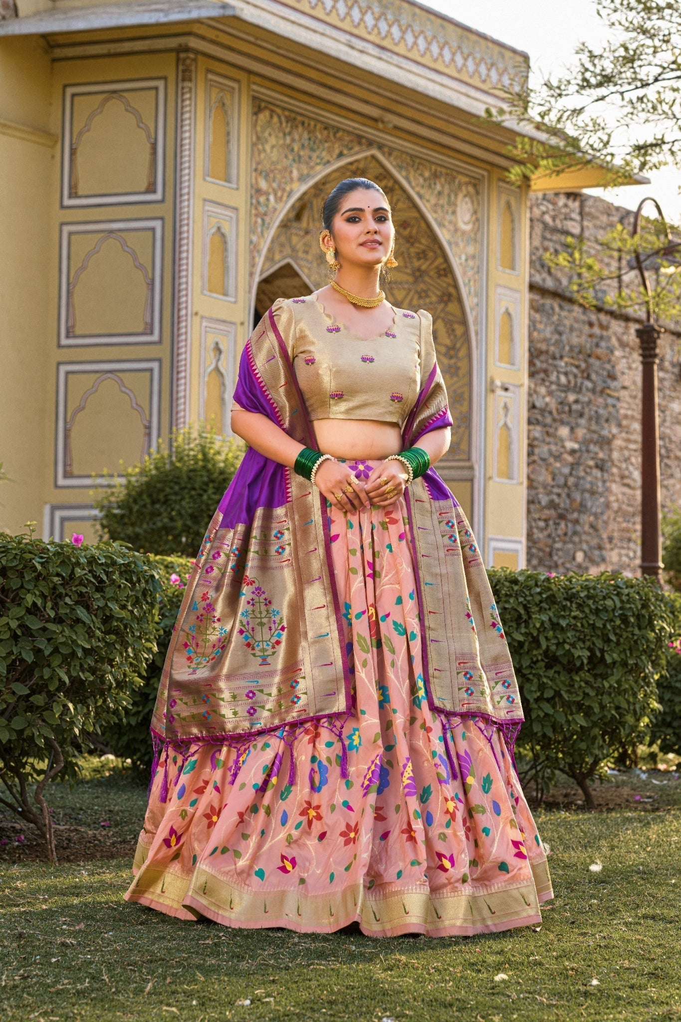 Jacquard Silk Peach Paithani Lehenga Choli