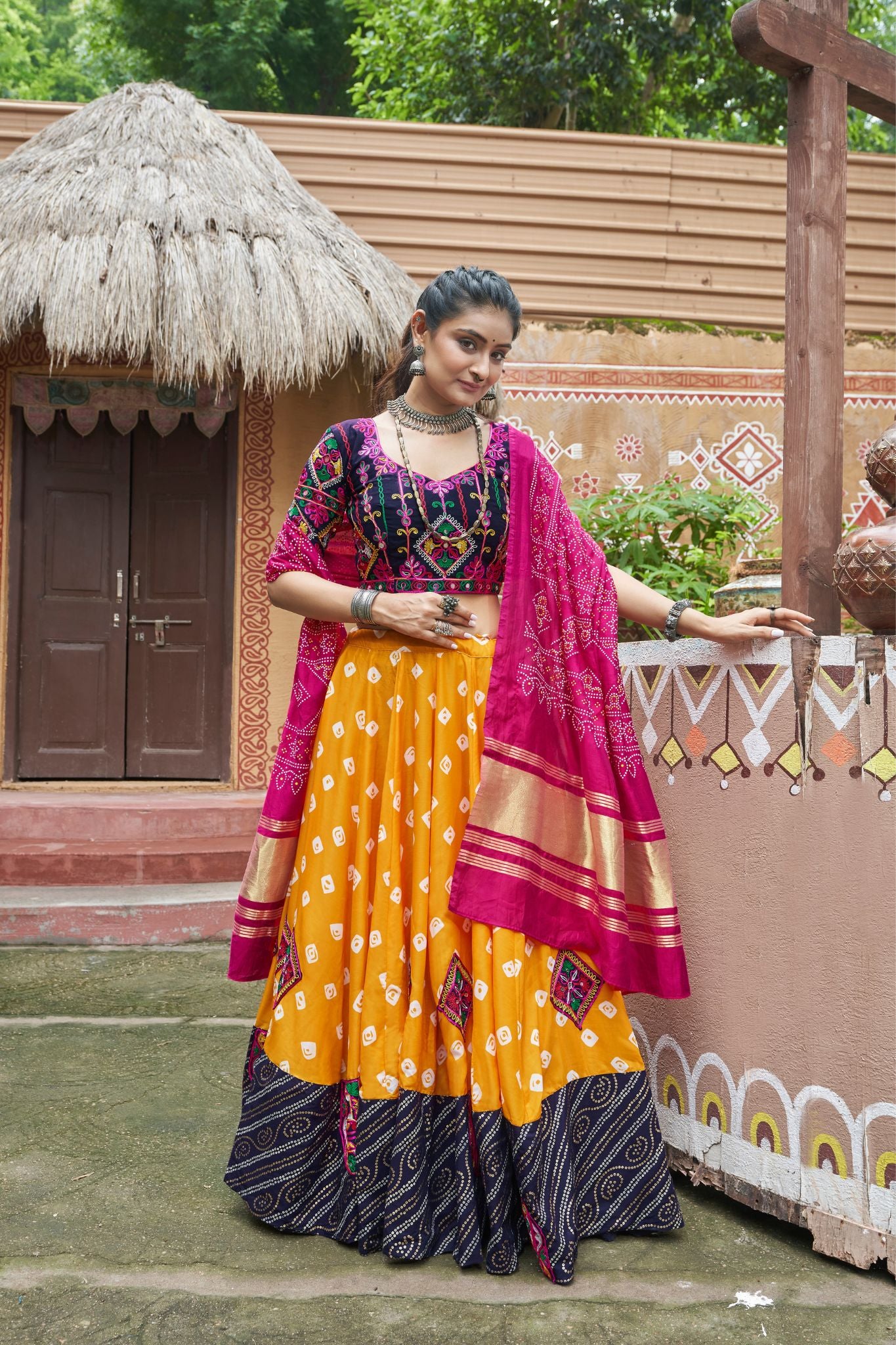 Yellow Maslin Cotton Print With Embroidered Work Lehenga Choli