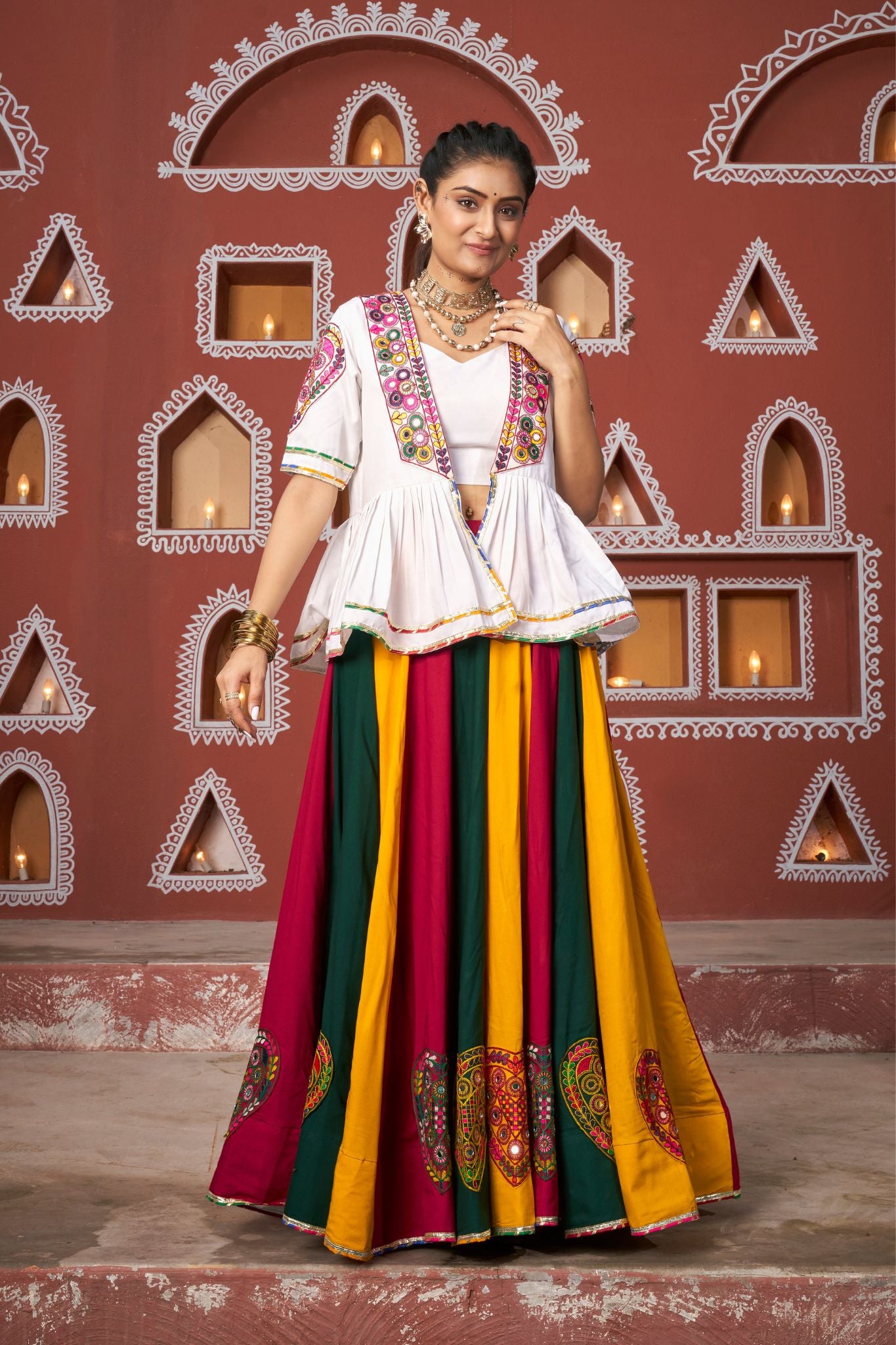 White Embroidered Work Multi Color Navratri Lehenga Choli