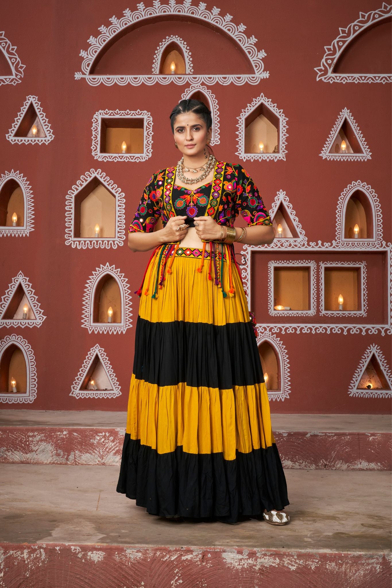 Orange And Black Viscose Rayon Navratri Lehenga Choli