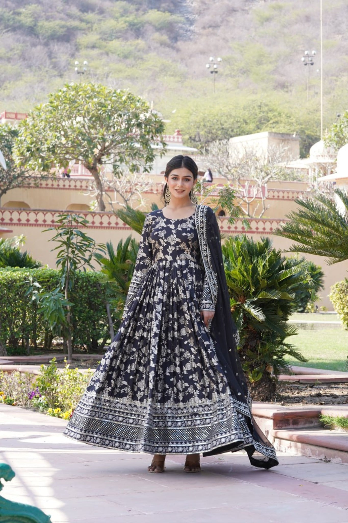 Sequins Embroidered Work Gown With Dupatta Set