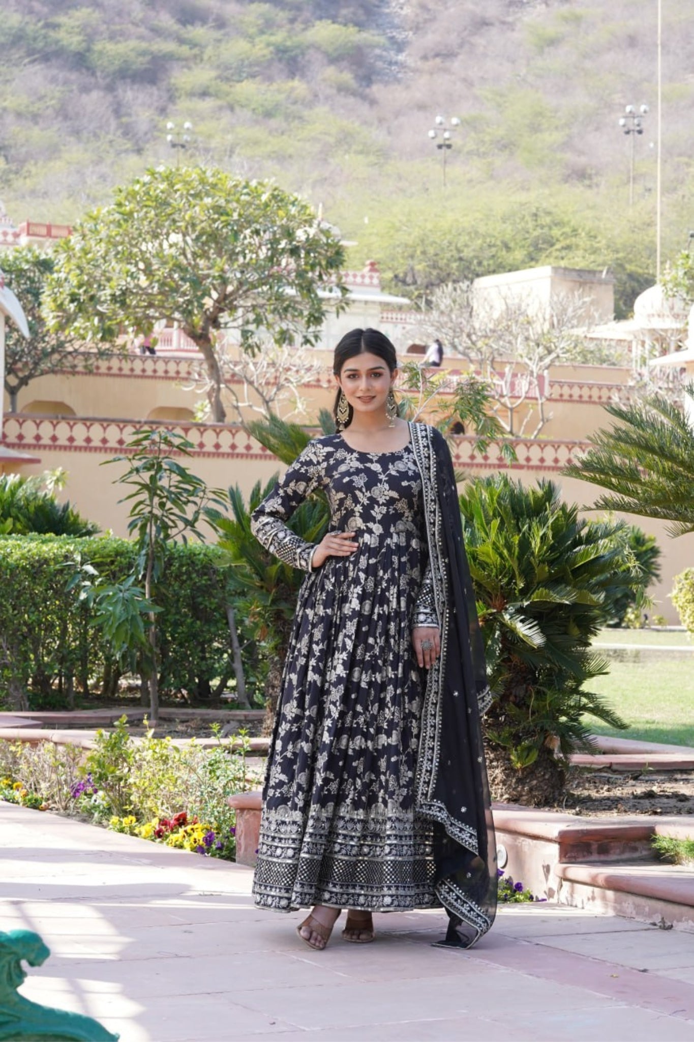 Sequins Embroidered Work Gown With Dupatta Set