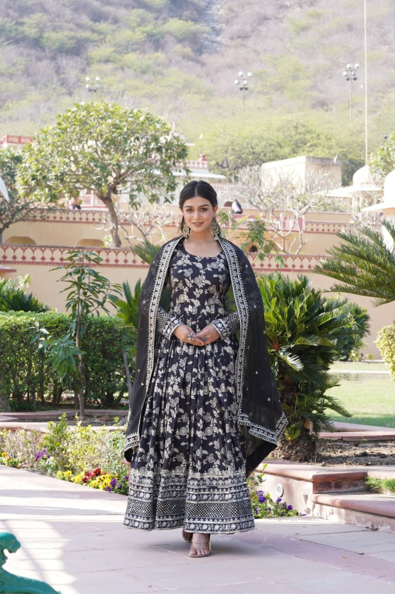 Sequins Embroidered Work Gown With Dupatta Set