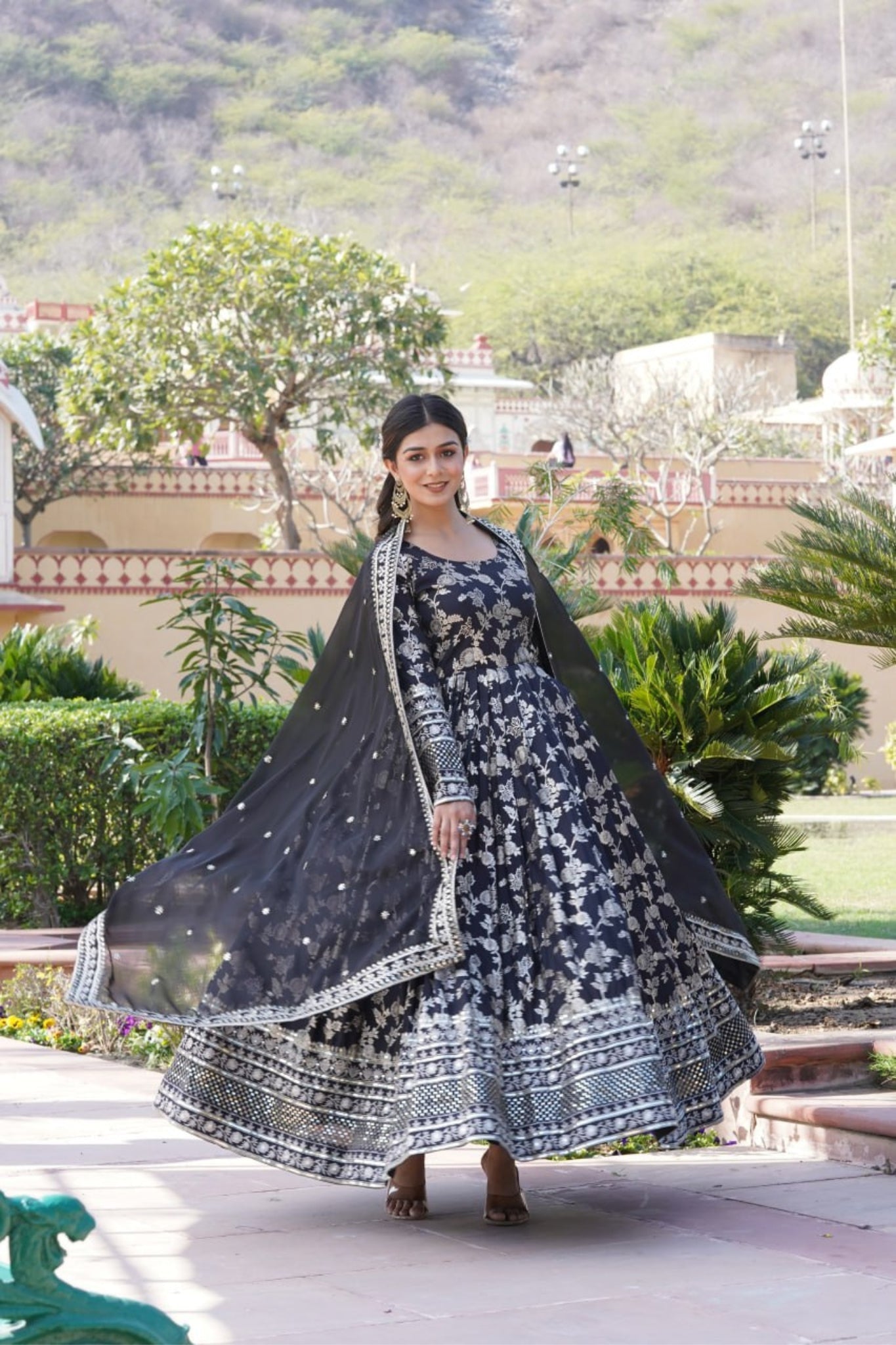 Sequins Embroidered Work Gown With Dupatta Set