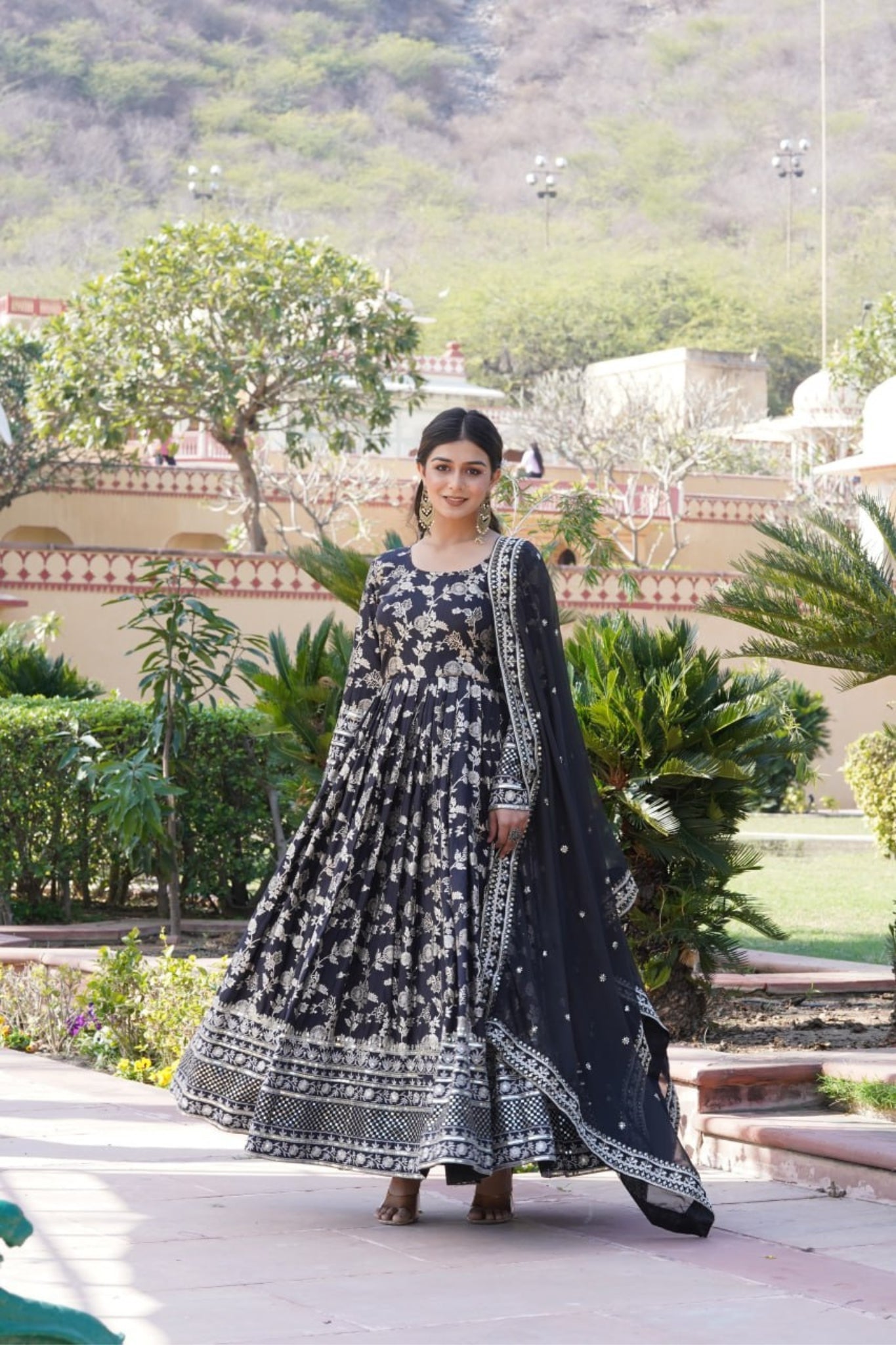 Sequins Embroidered Work Gown With Dupatta Set