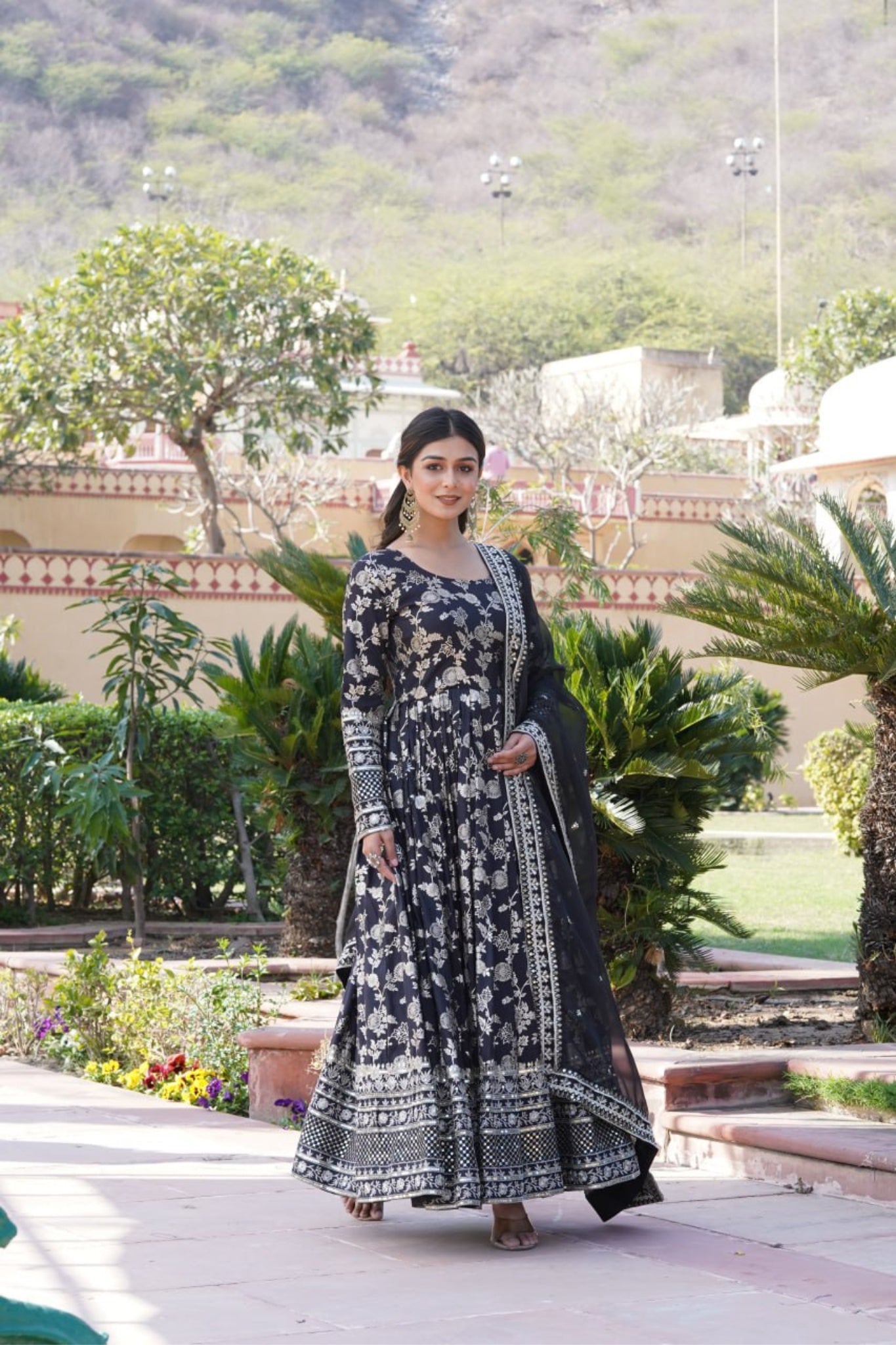 Sequins Embroidered Work Gown With Dupatta Set