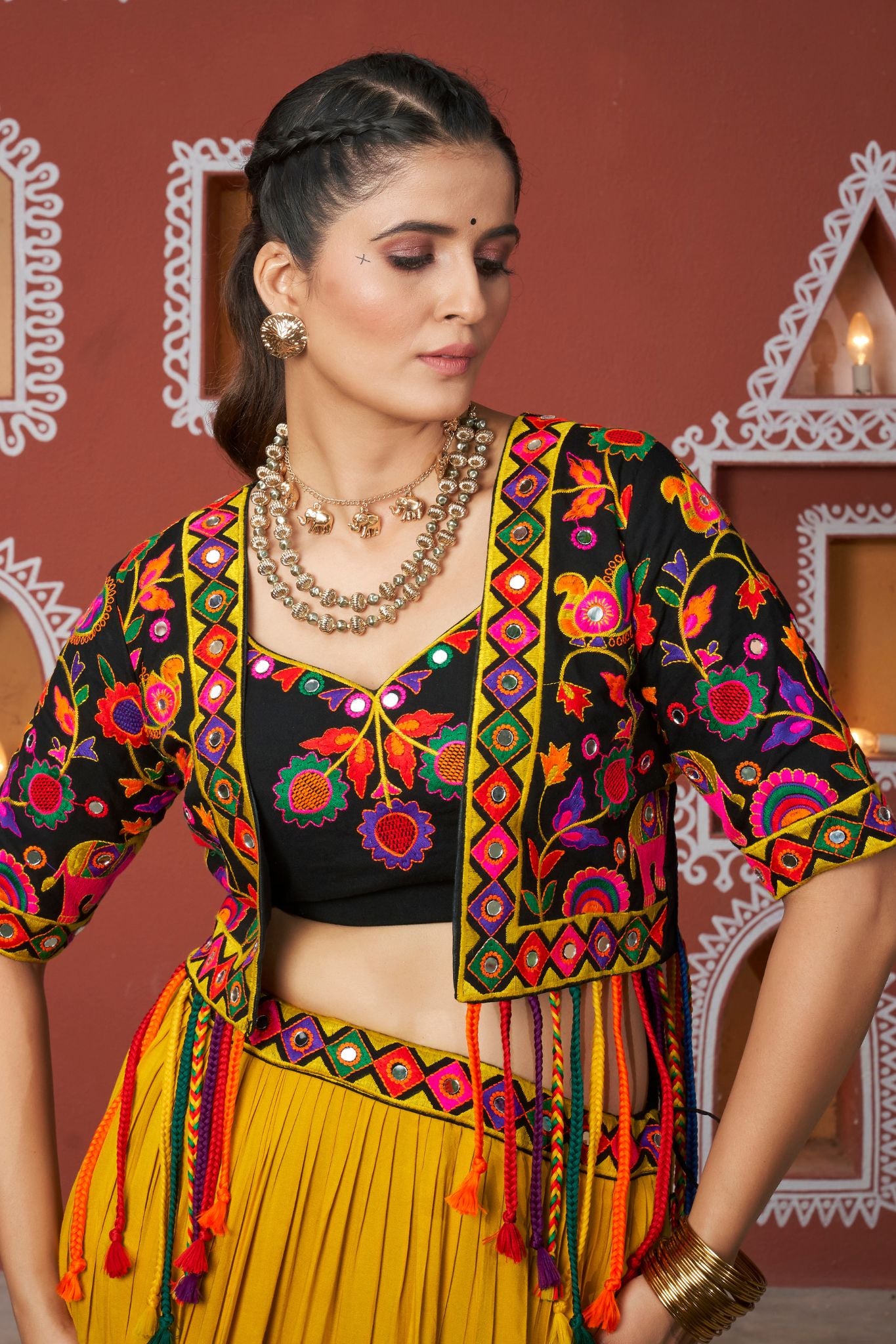 Orange And Black Viscose Rayon Navratri Lehenga Choli