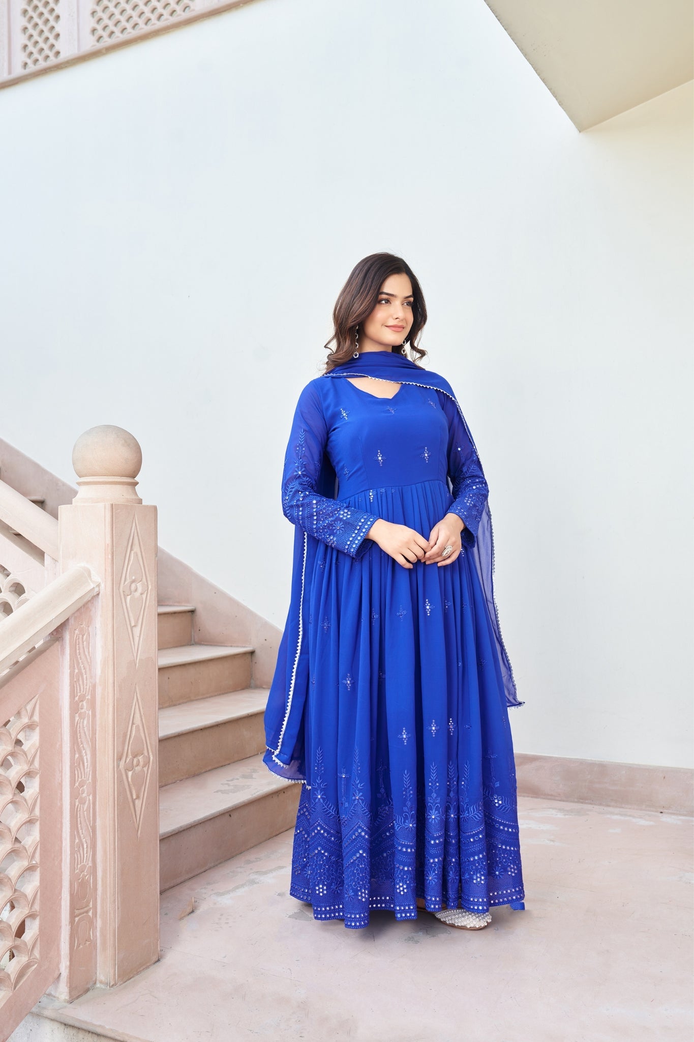 Royal Blue Embroidered Work Gown With Dupatta Set