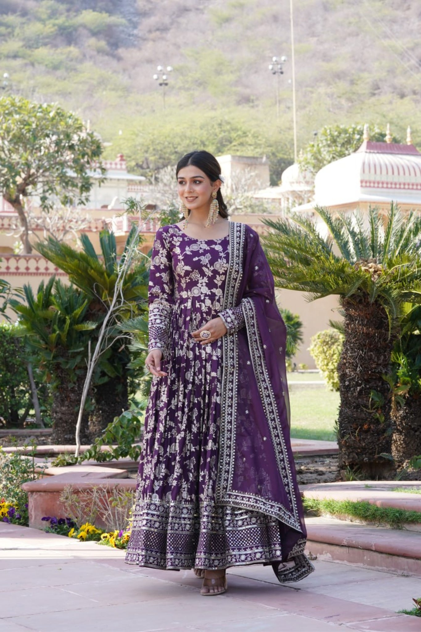 Sequins Embroidered Work Gown With Dupatta Set