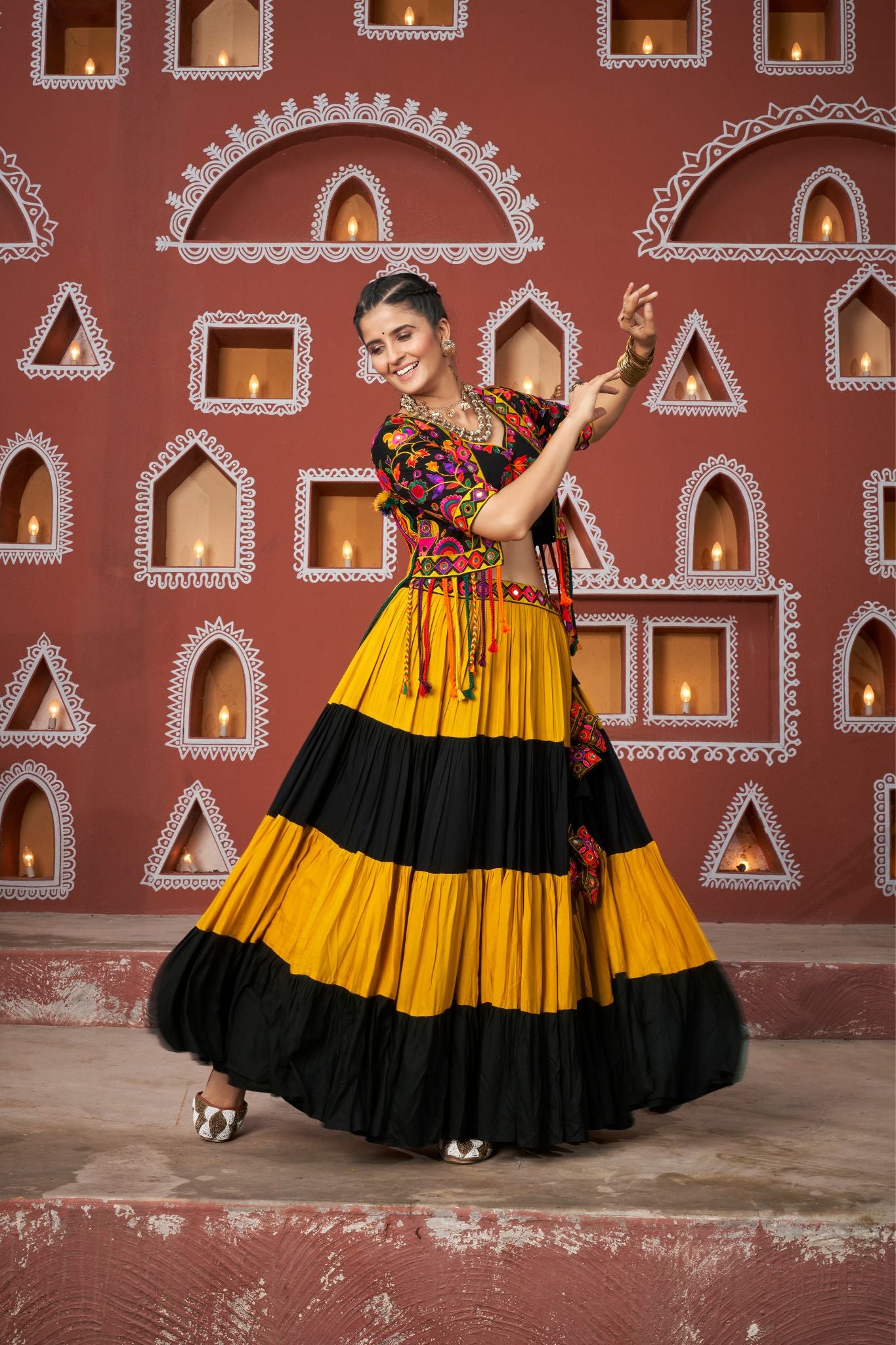 Orange And Black Viscose Rayon Navratri Lehenga Choli