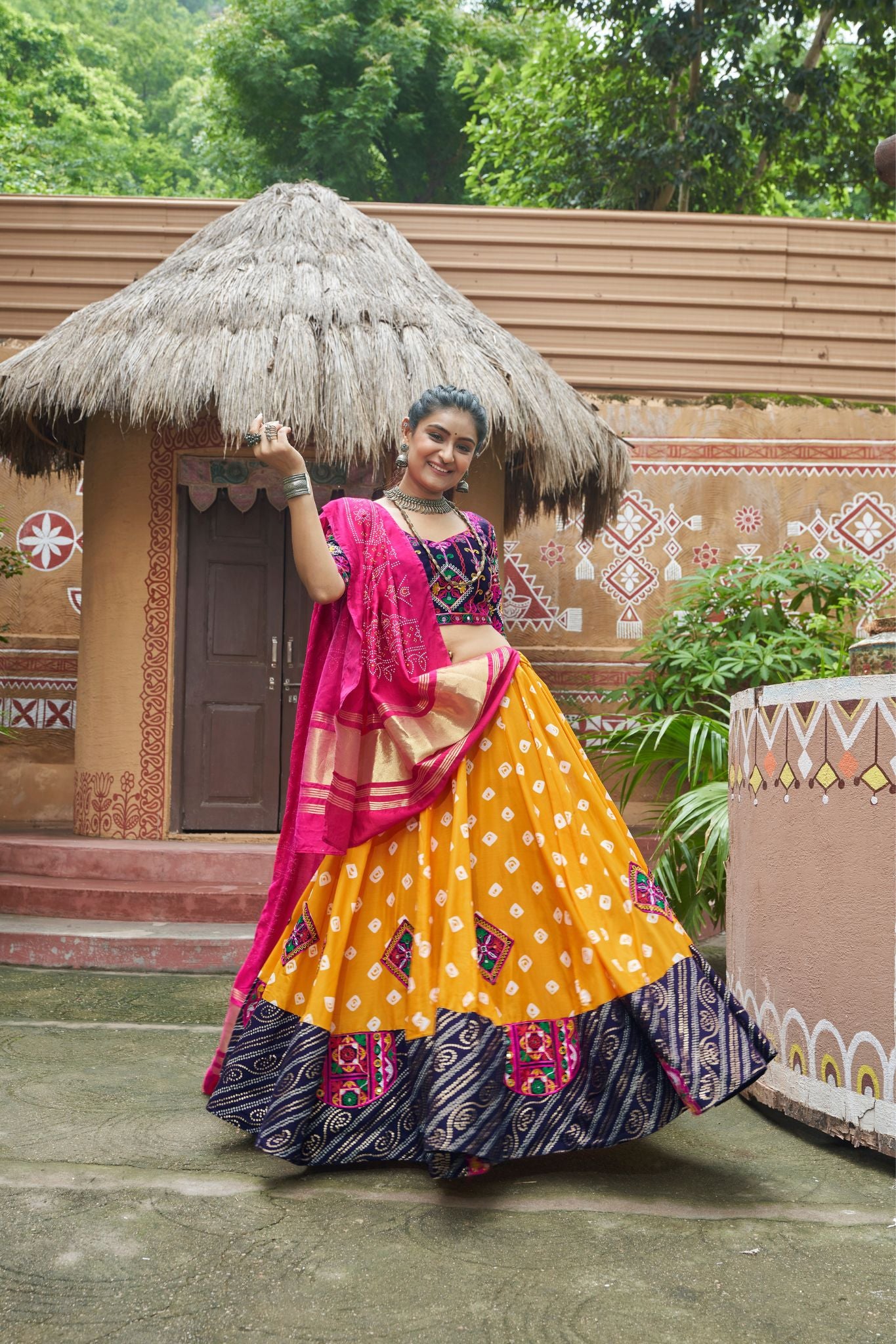 Yellow Maslin Cotton Print With Embroidered Work Lehenga Choli