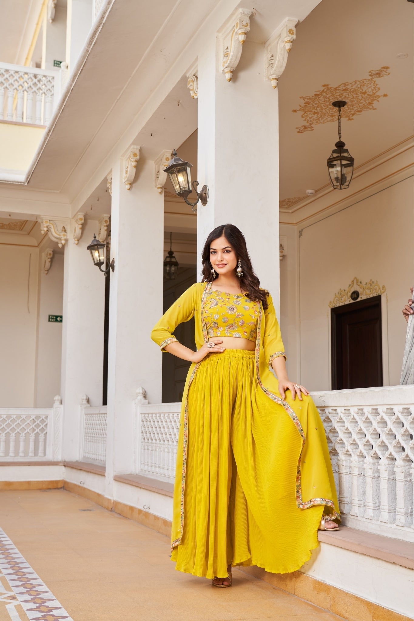 Yellow Embroidered Georgette Crop Top And Palazzo Set