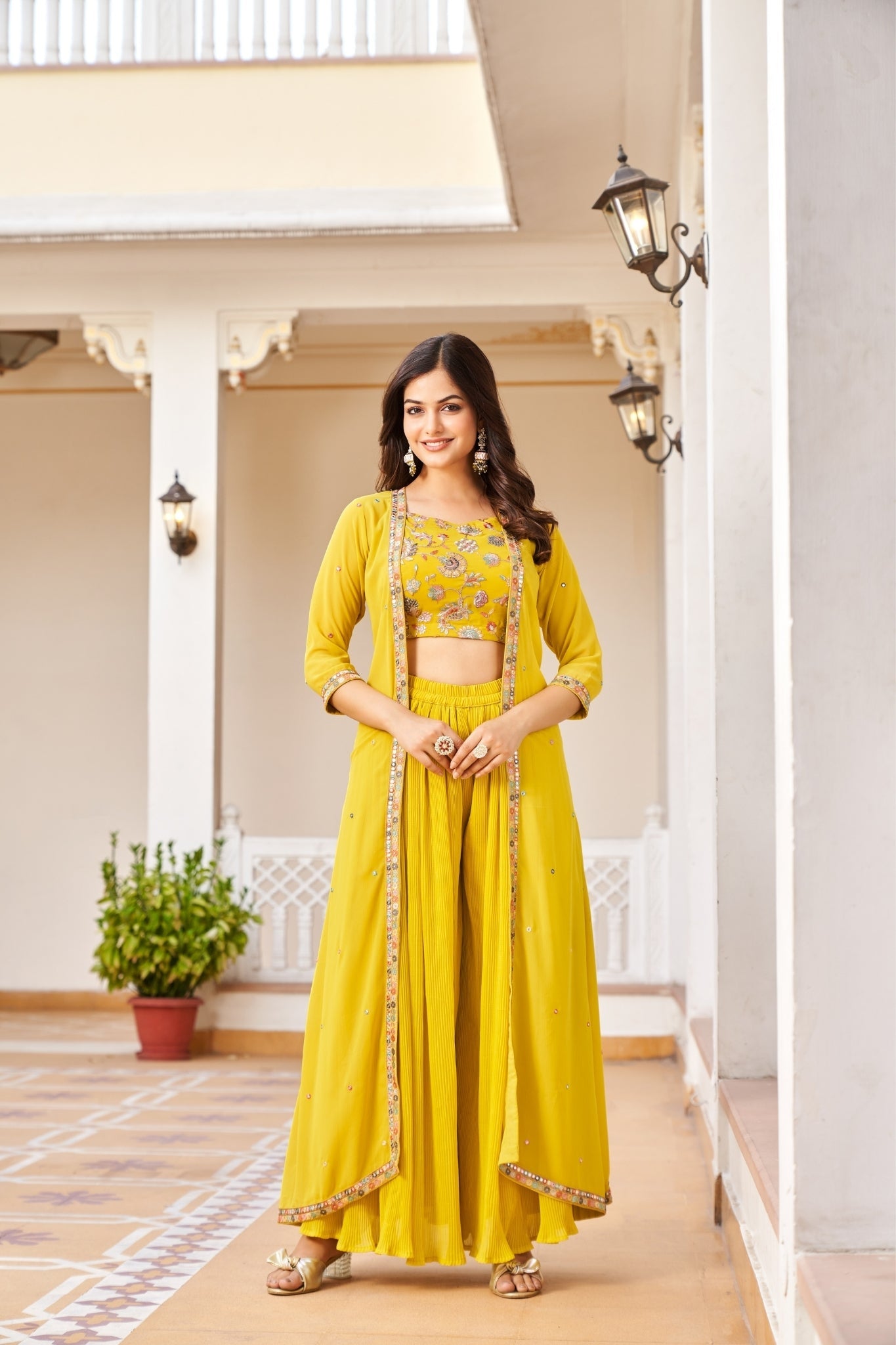 Yellow Embroidered Georgette Crop Top And Palazzo Set