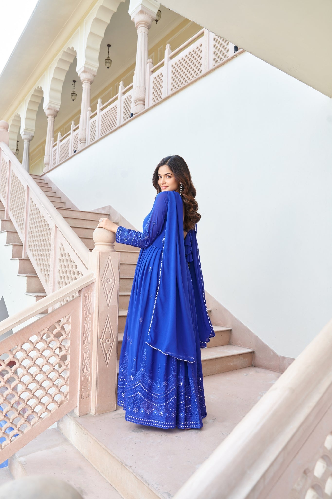 Royal Blue Embroidered Work Gown With Dupatta Set