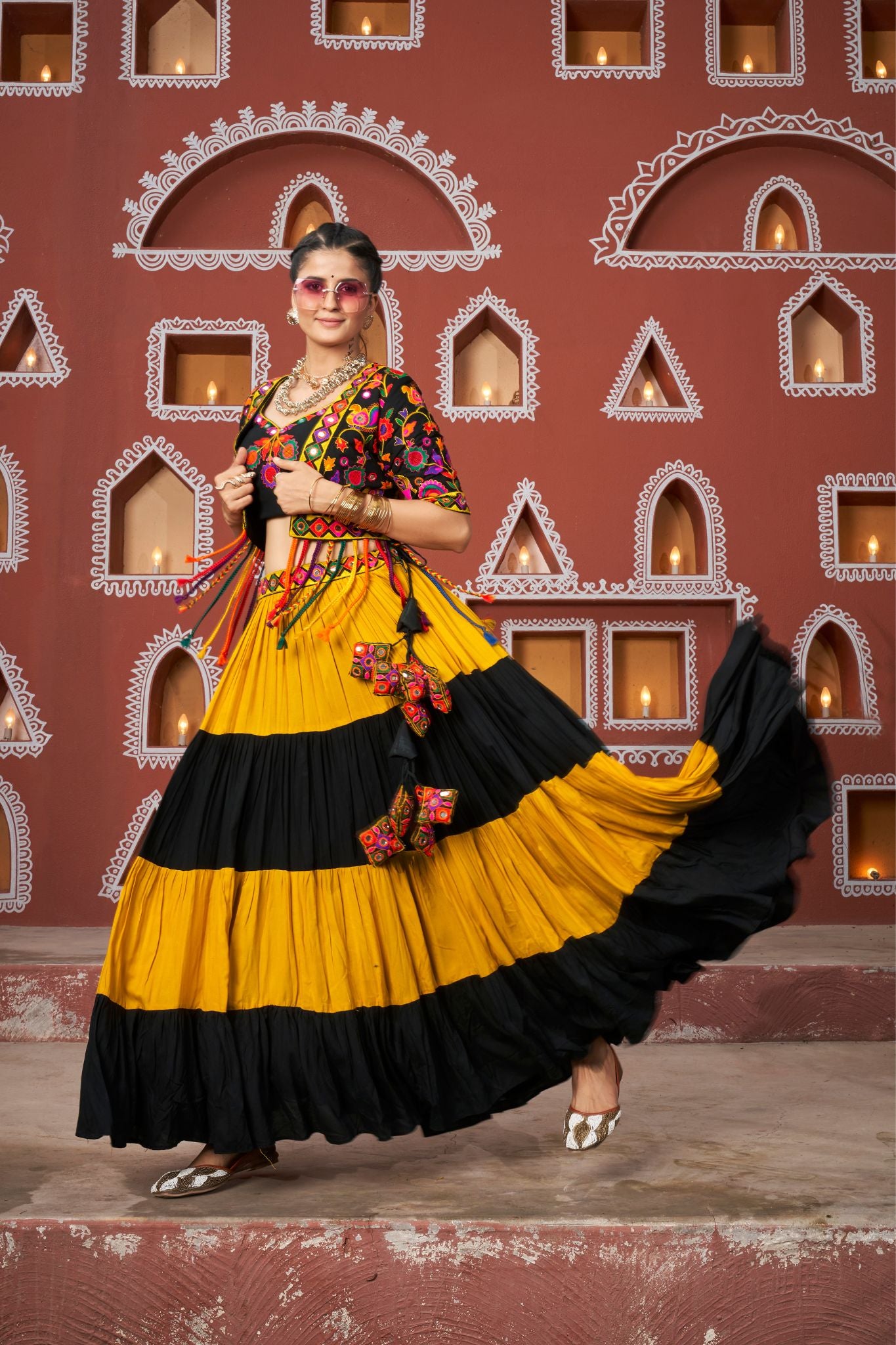 Orange And Black Viscose Rayon Navratri Lehenga Choli