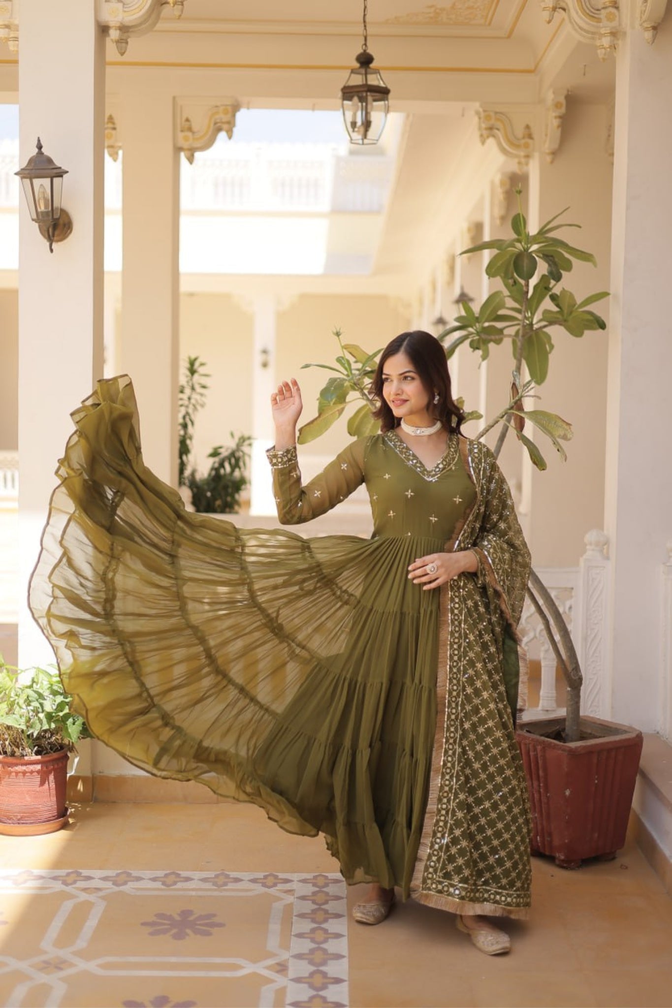 Stunning Designer Embroidered Work Gown With Dupatta Set