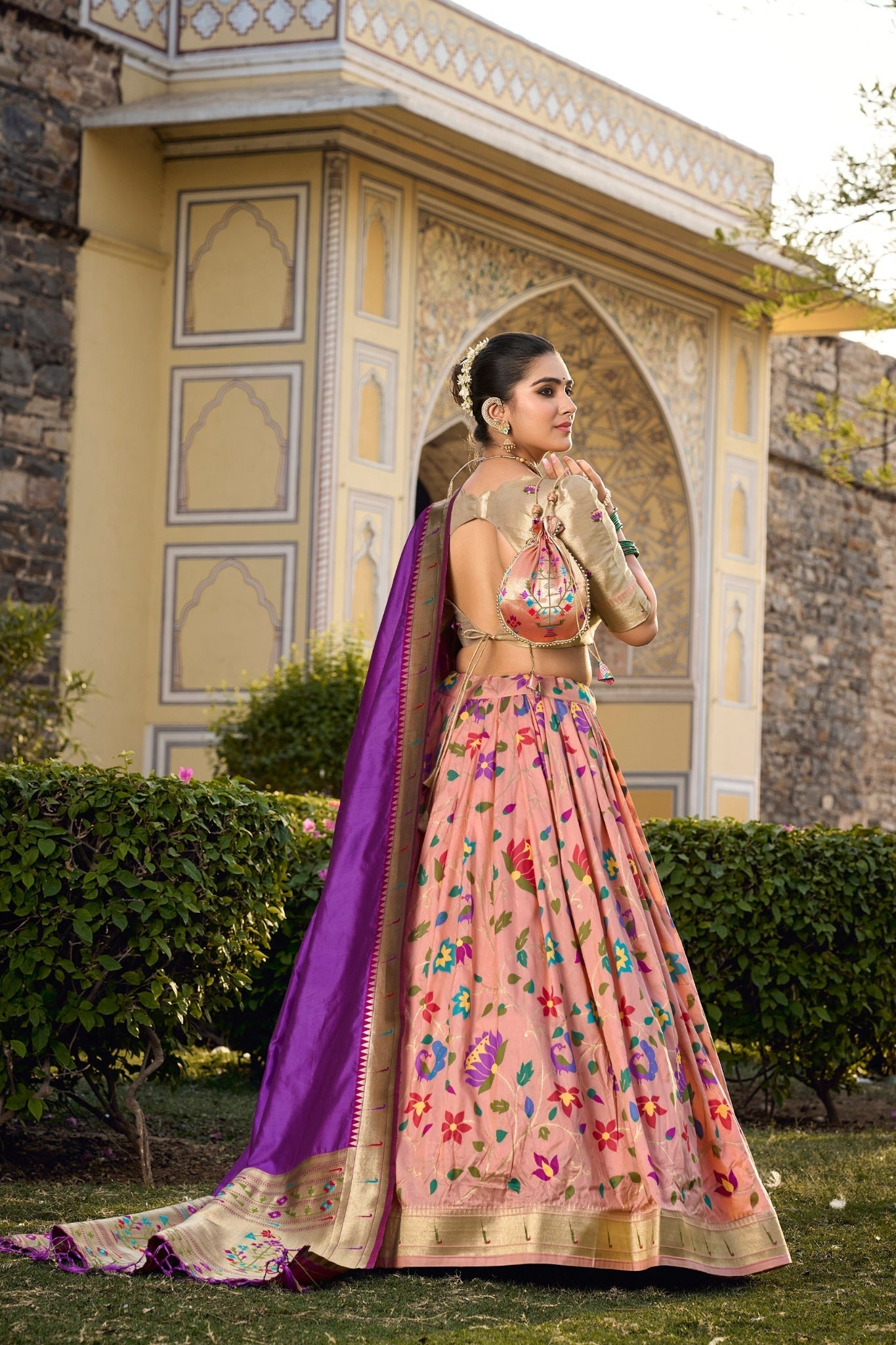 Jacquard Silk Peach Paithani Lehenga Choli