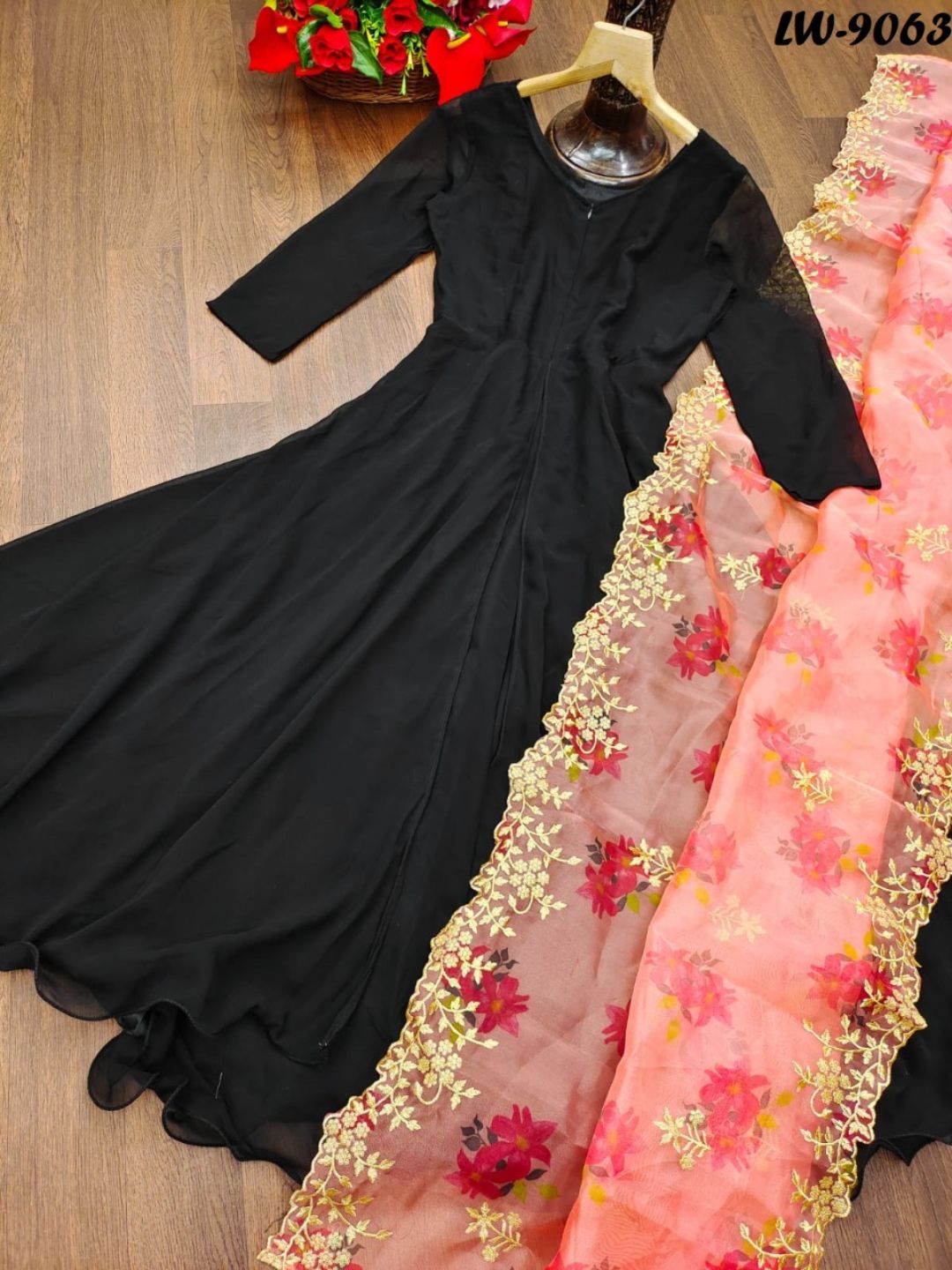 Embroidered Art Silk A Line Gown in Black : TBZ159