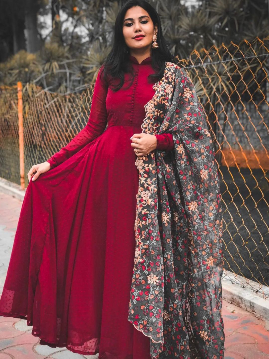 Net Festive Gown in Red and Maroon with Embroidered work | Maroon color,  Gowns, Wearing red