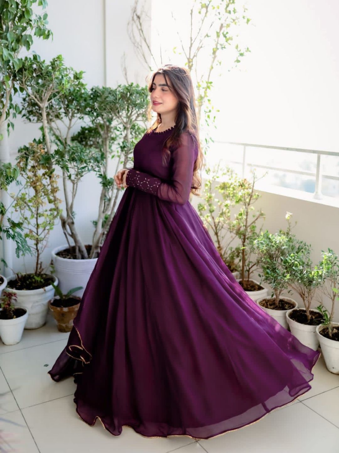 Wine Shade Silk Material Designer Long Gown Dress With Dupatta