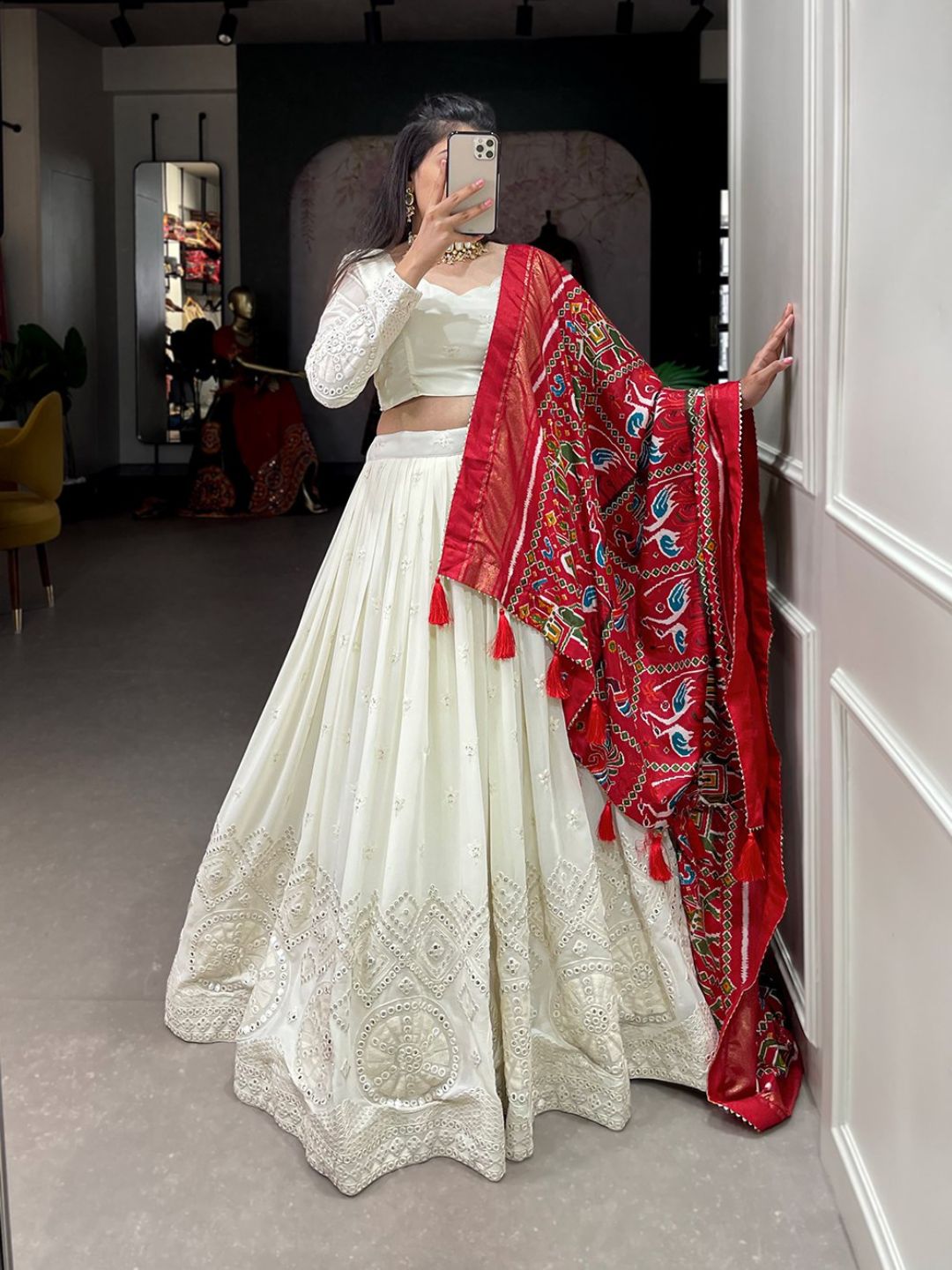 Designer Lucknowi Paper Mirror Work White Lehenga With Red Dupatta - Vatki